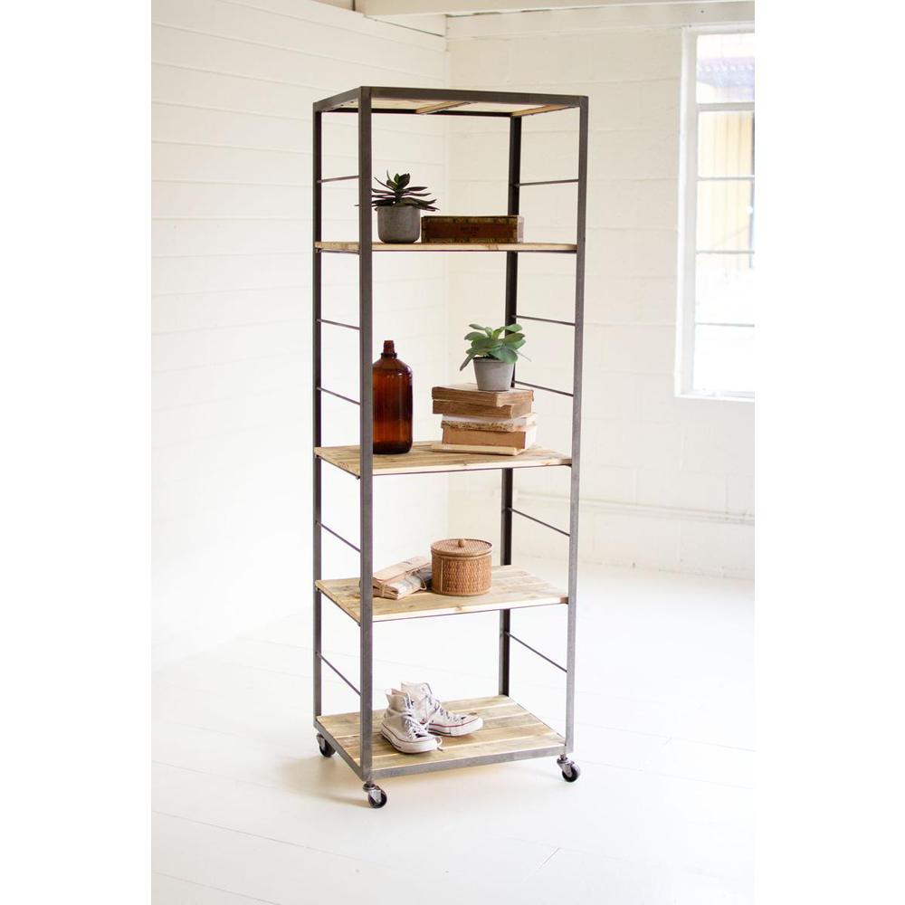 Tall Shelving Unit With Adjustable Recycled Wood Shelves. Picture 2