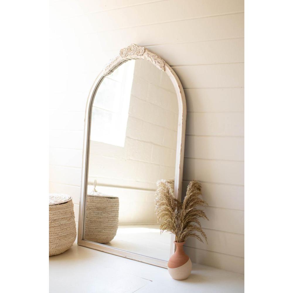 Large Arched Wood Framed Mirror With Carved Detail. Picture 2