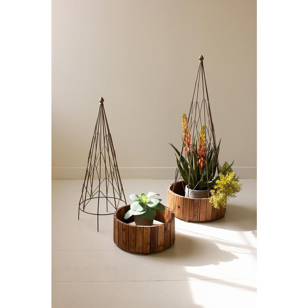 Set Of Two Metal Topiaries With Recycled Wood Bases. Picture 2