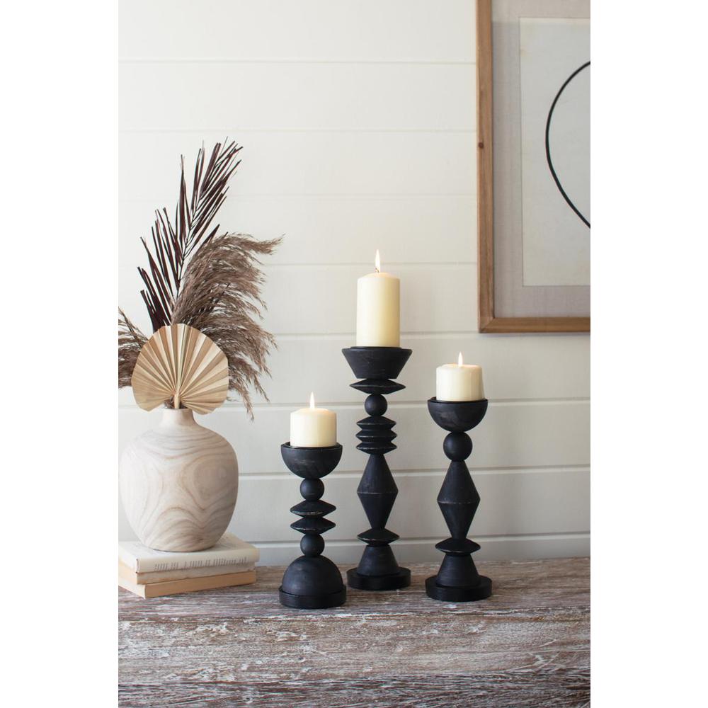 Set Of Three Turned Wood Candle Holders - Black. Picture 2