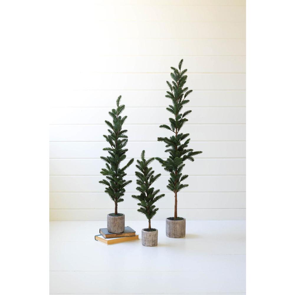 Set Of Three Artificial Pine Trees In Cement Pots. Picture 2