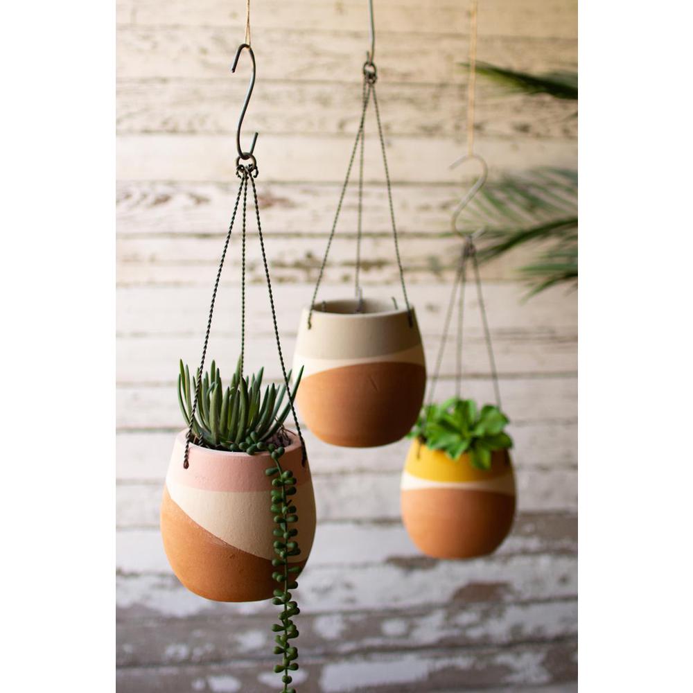 Set Of Three Color Dipped Hanging Clay Pots. Picture 2