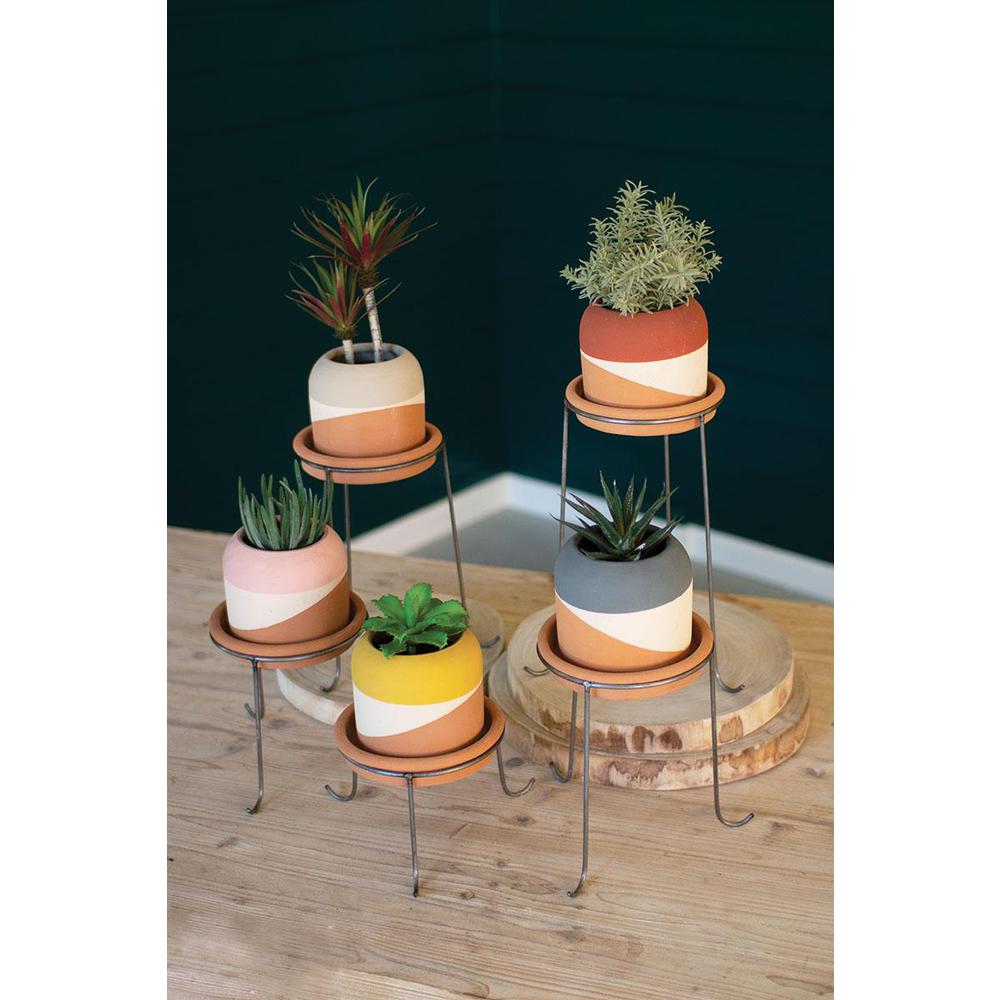 Set Of Five Color Dipped Clay Pots With Metal Bases. Picture 2