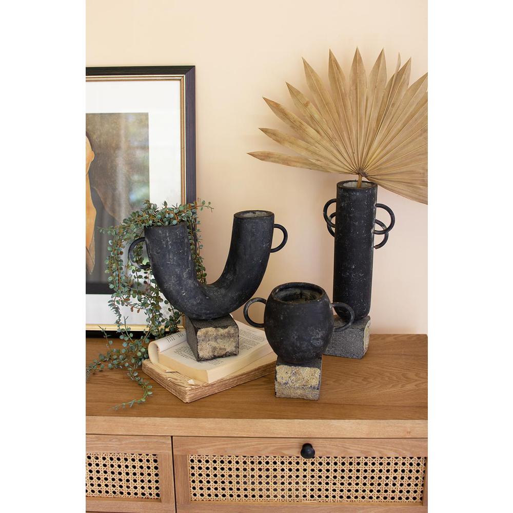 Set Of Three Black Modern Clay Vases On Rock Bases. Picture 2