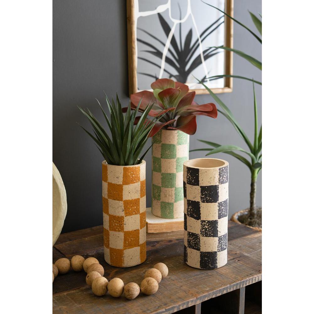 Set Of Three Checkered Clay Cylinder Vases. Picture 2