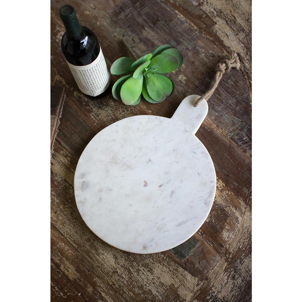 Round White Marble Cutting Board With Jute Hanger. Picture 2