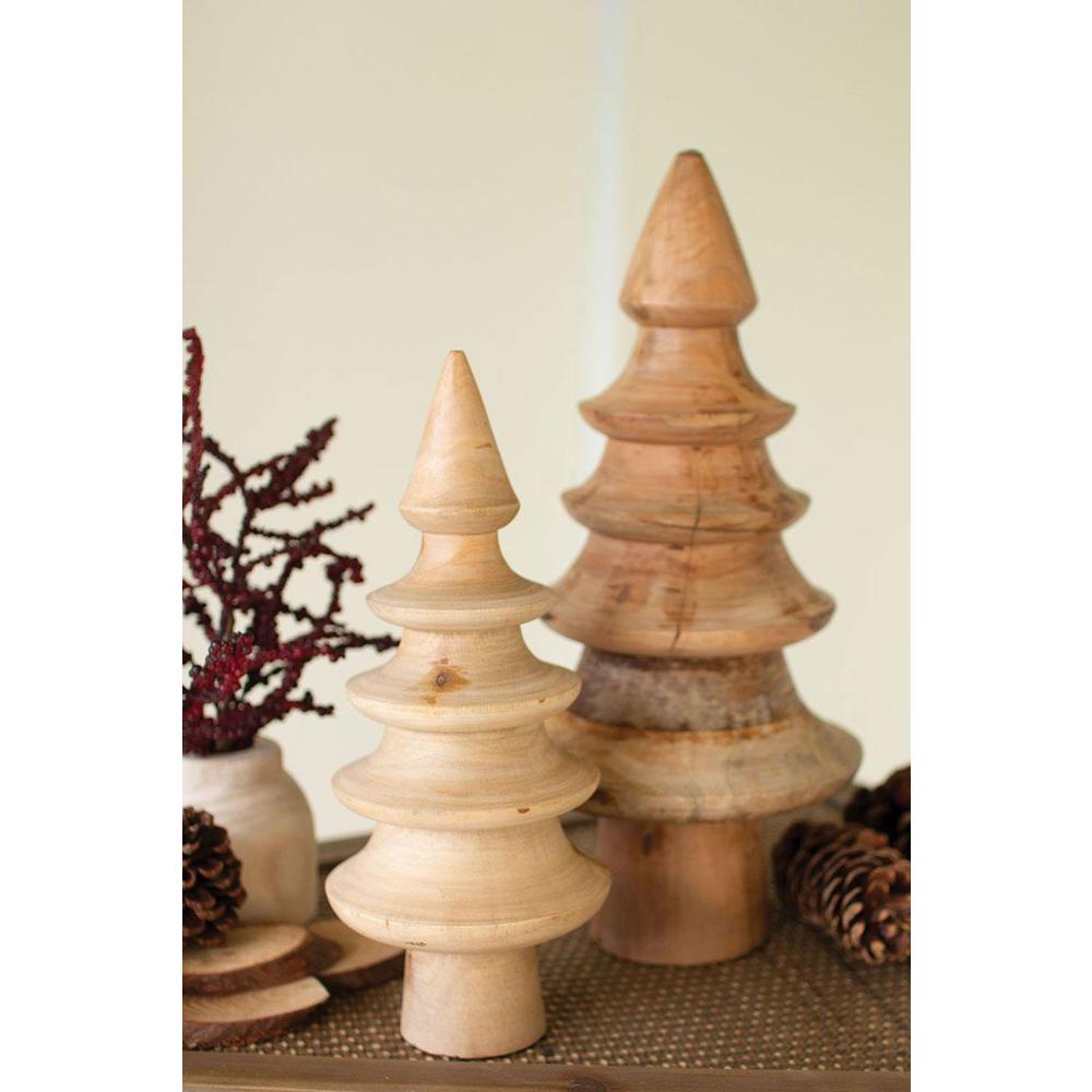 Set Of Two Turned Mango Wood Christmas Trees. Picture 2
