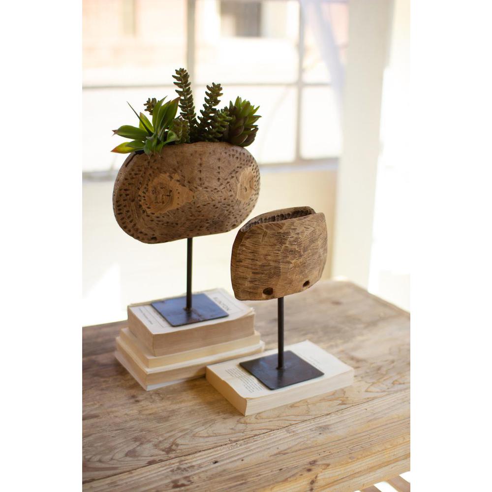 Set Of Two Repurposed Wooden Cowbell Planters On Iron Stand. Picture 2