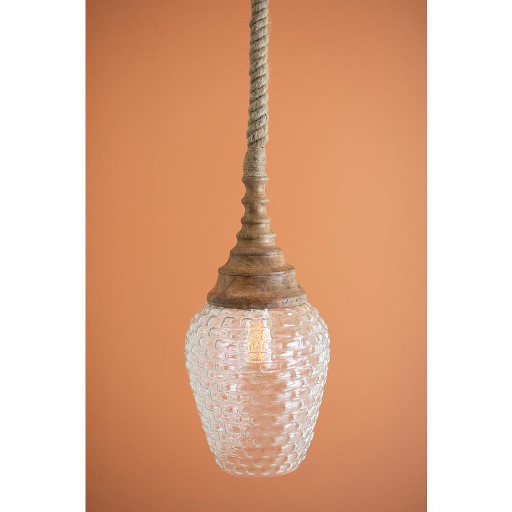 Clear Glass And Mango Wood Pendant Light With Rope. Picture 2