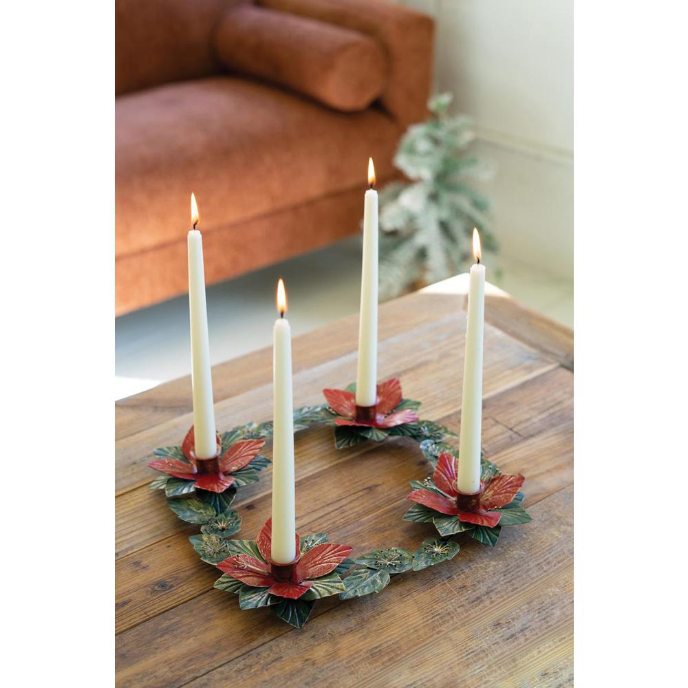 Painted Metal Poinsettia Table Wreath Candle Holder. Picture 2