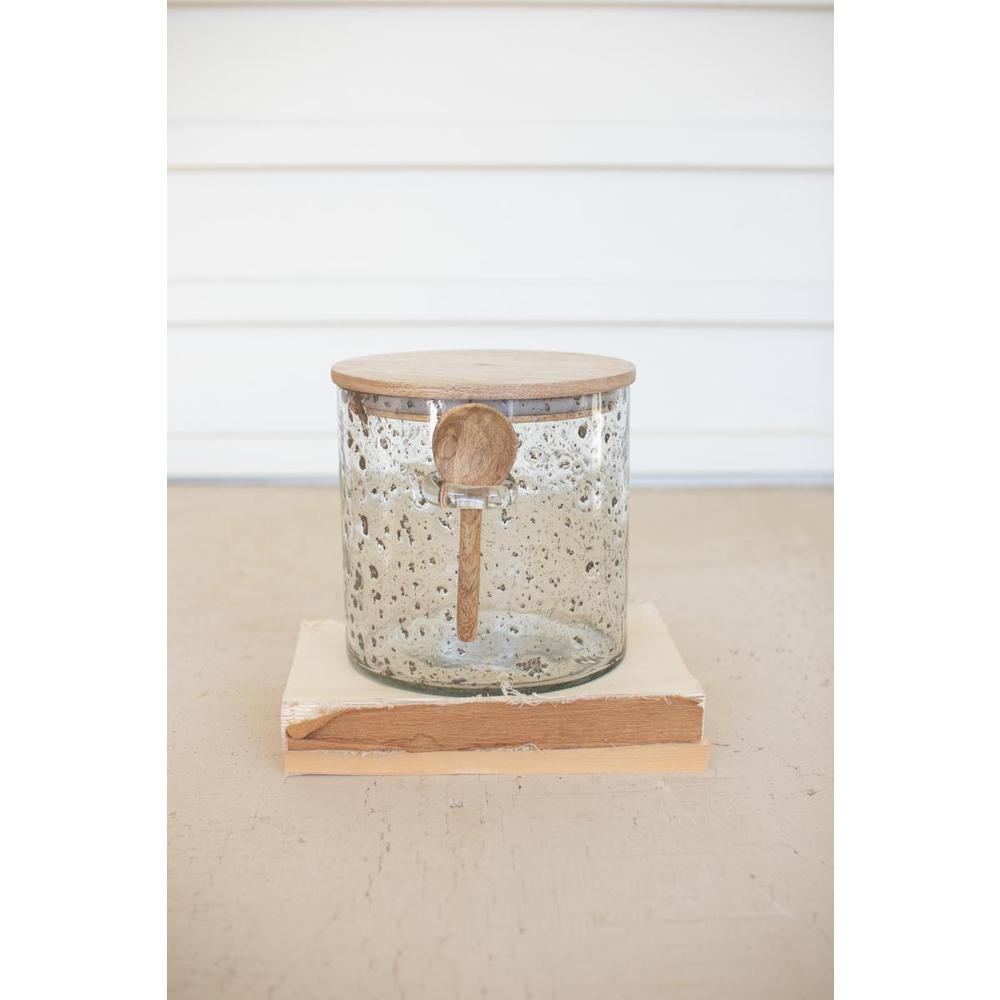 Glass Canister With Wood Top And Spoon - 6" Tall. Picture 2