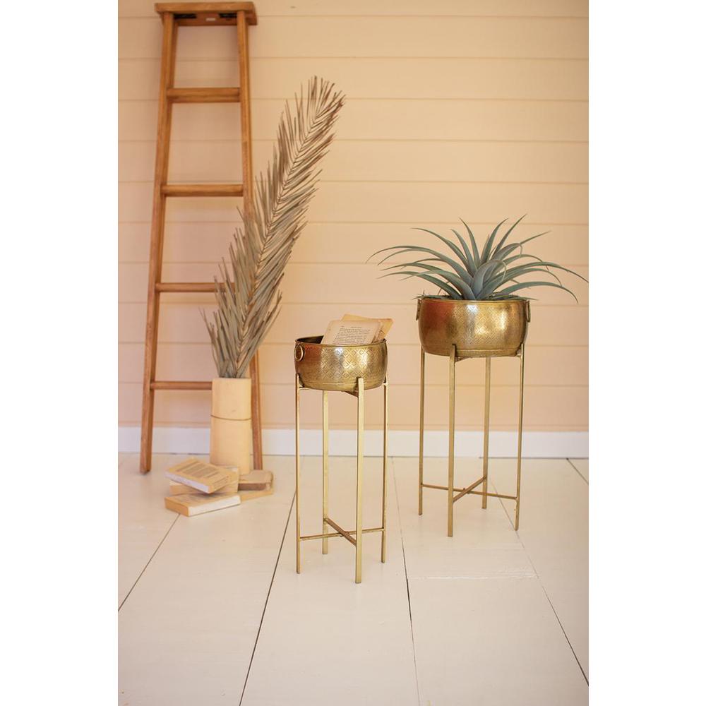 Set Of Two Brass Finish Planters With Stands. Picture 2