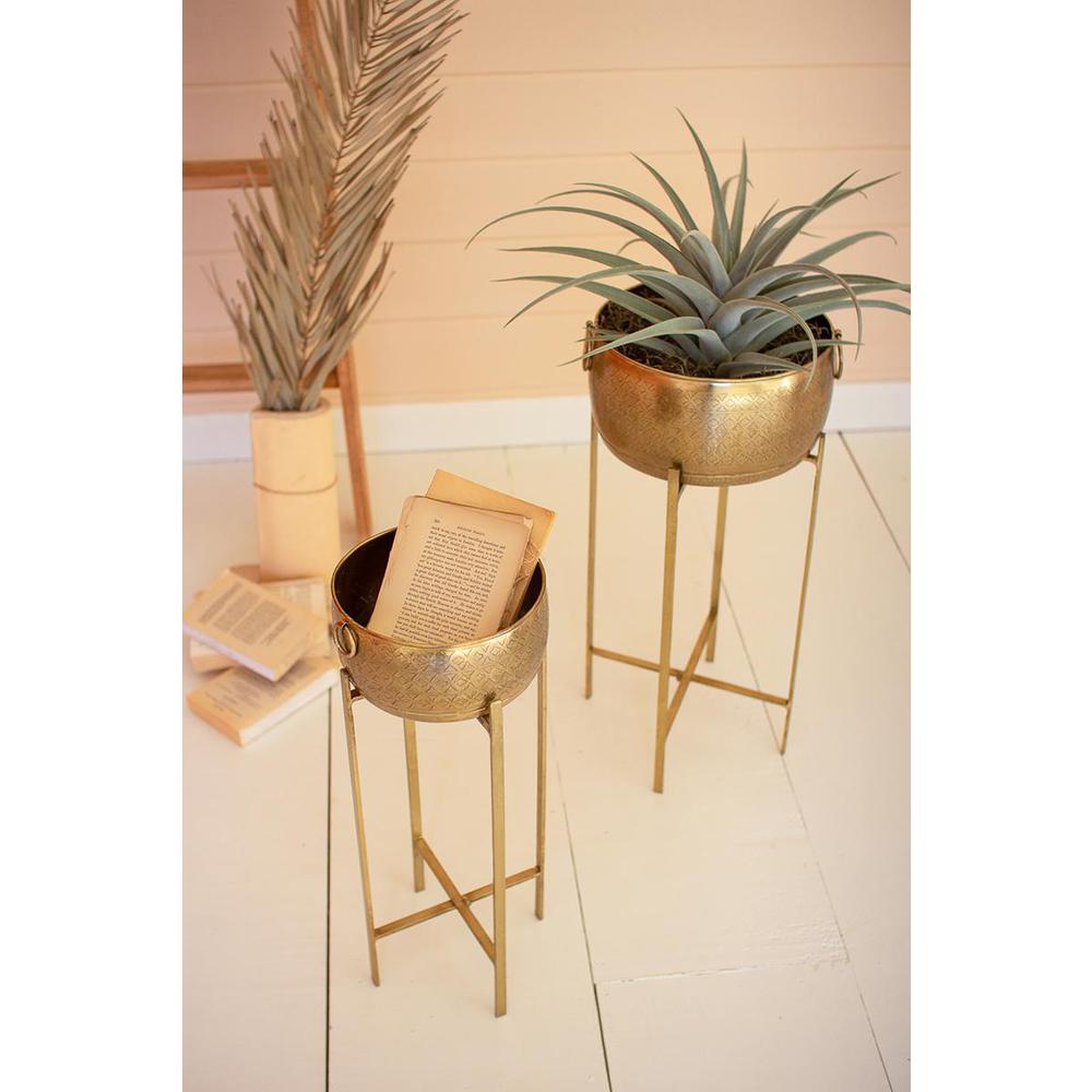 Set Of Two Brass Finish Planters With Stands. Picture 4