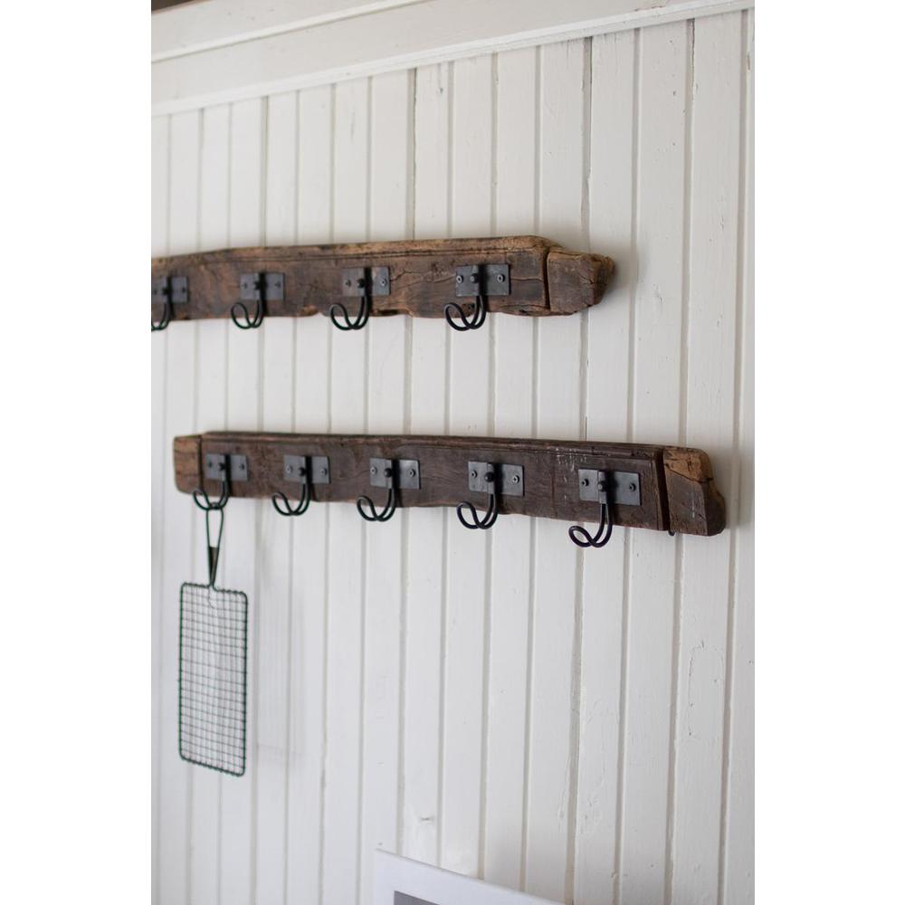 Recycled Wood Coat Rack With Five Wire Hooks. Picture 2