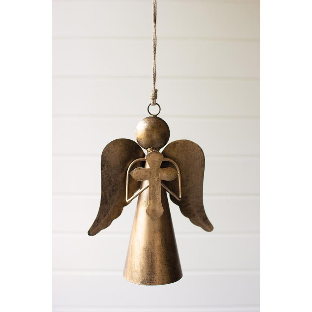 Antique Brass Angel Door Hanger Holding A Cross. Picture 2