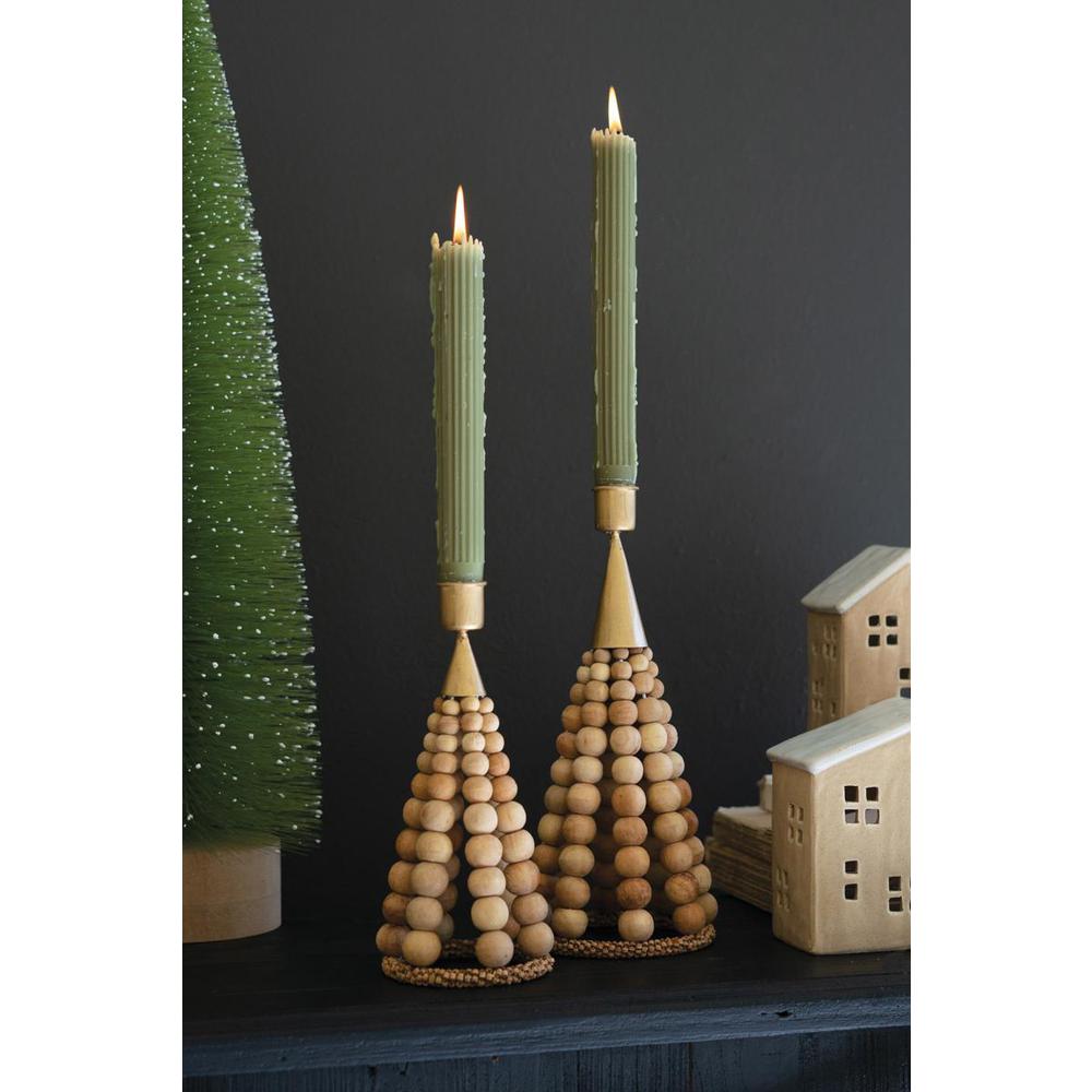 Set Of 2 Beaded Wood Table Top Christmas Tree Taper Holders. Picture 2
