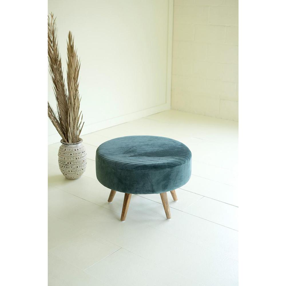 Velvet Ottoman With Wooden Legs - Steel Blue. Picture 2