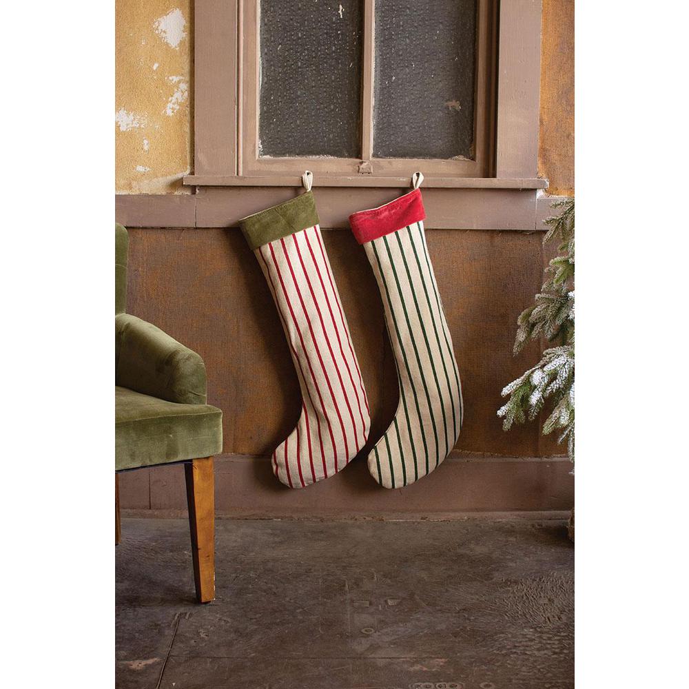 Set Of 2 Giant Striped Christmas Stockings W Velvet Collar. Picture 2