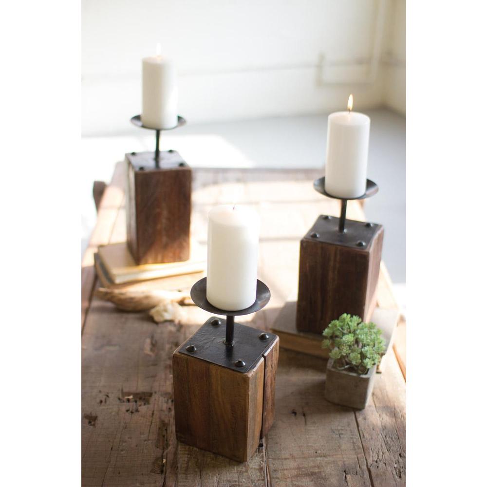 Set Of Three Recycled Wood Candle Holders. Picture 2