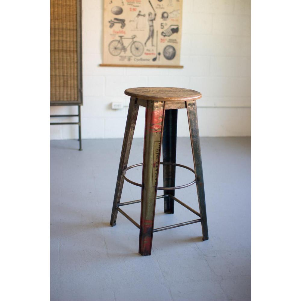 Recycled Metal Bar Stool With Wooden Top. Picture 2