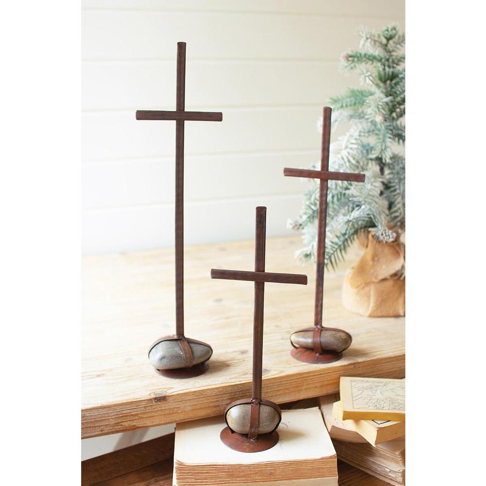 Set Of Three Scrap Metal Crosses With Caged Rock Bases. Picture 4
