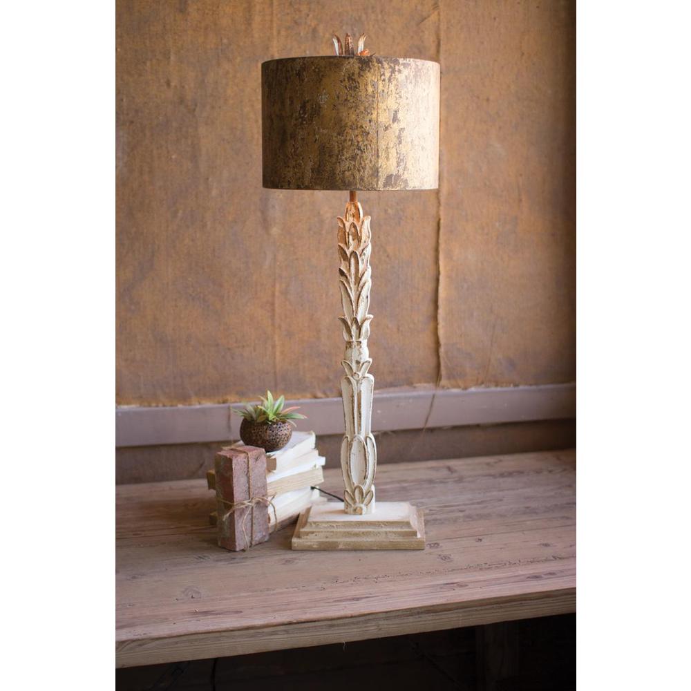 Table Lamp - Carved Wooden Base With Rustic Metal Shade. Picture 1