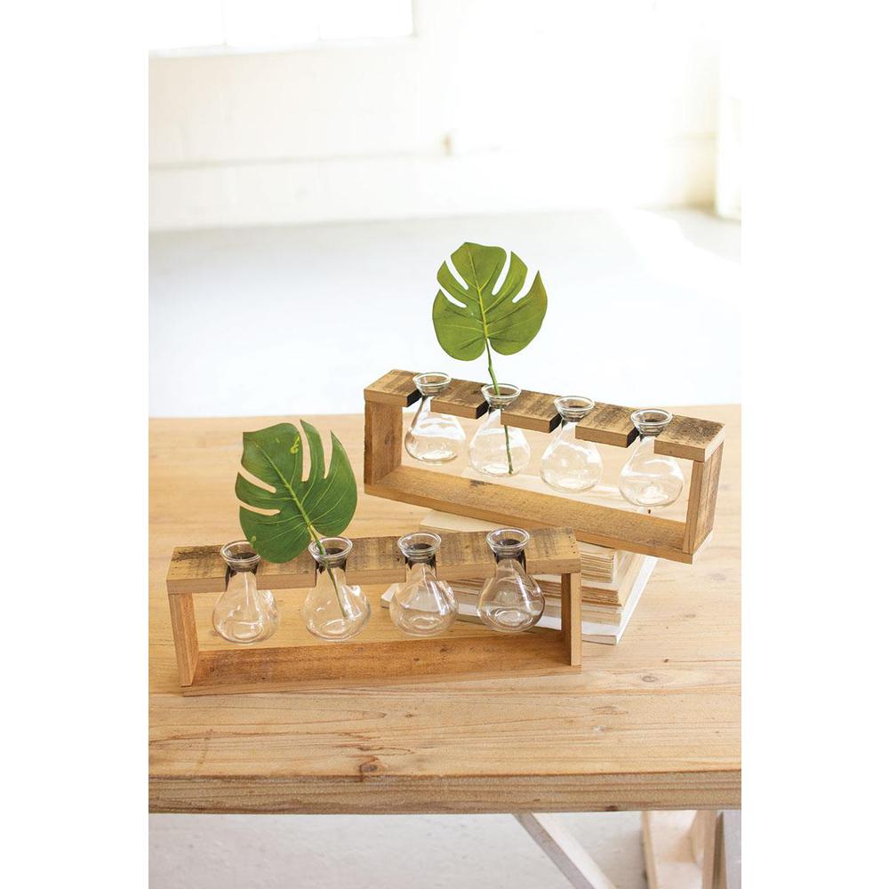 Four Glass Bud Vases With A Recycled Wooden Stand. Picture 1