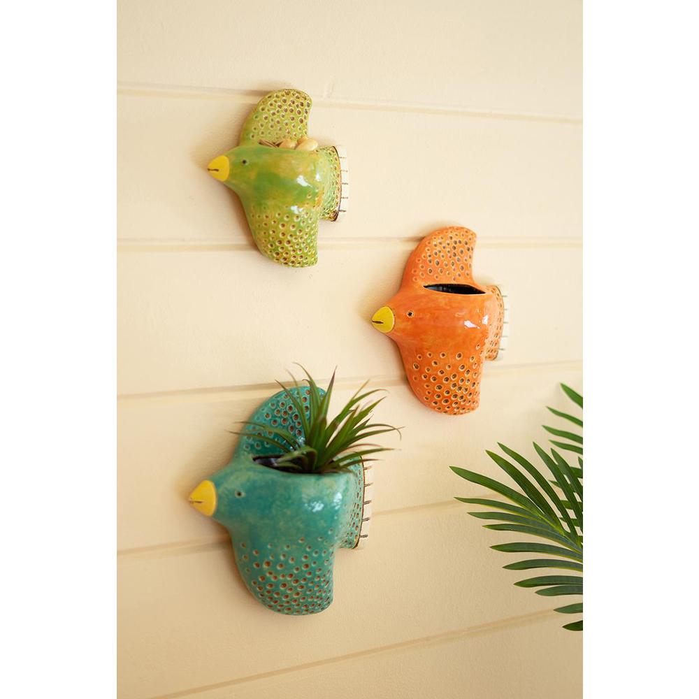 Set Of Three Colorful Ceramic Bird Wall Planters. Picture 3
