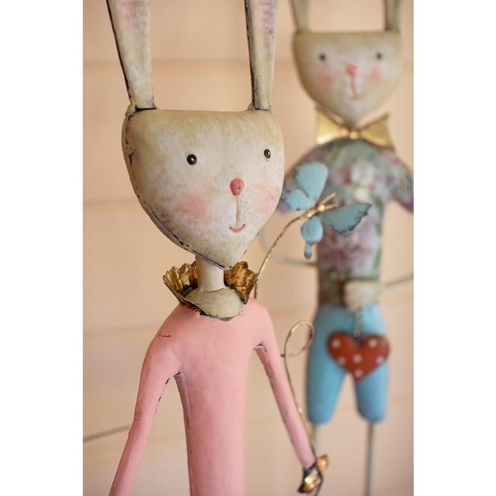 Set Of Two Painted Metal Long-Legged Boy And Girl Rabbits. Picture 3