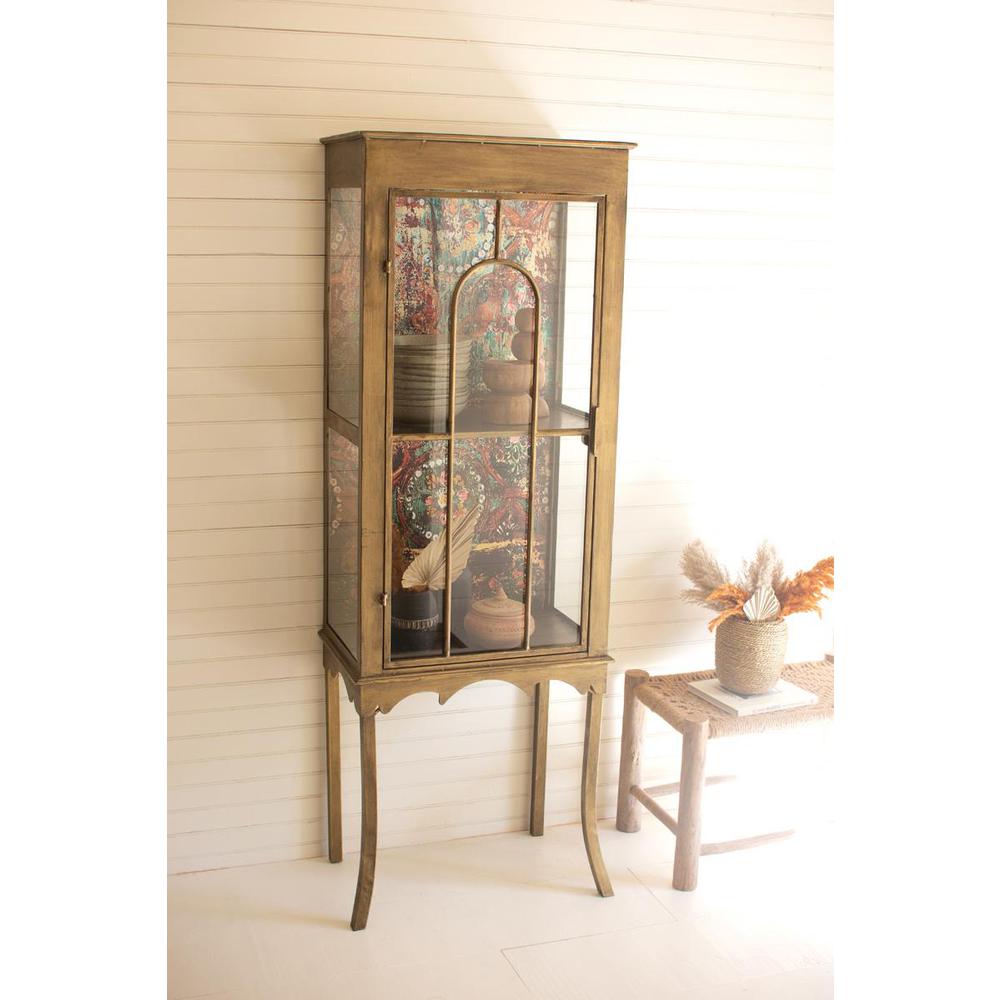 Gold Metal And Glass Cabinet With Colorful Print Back. Picture 4