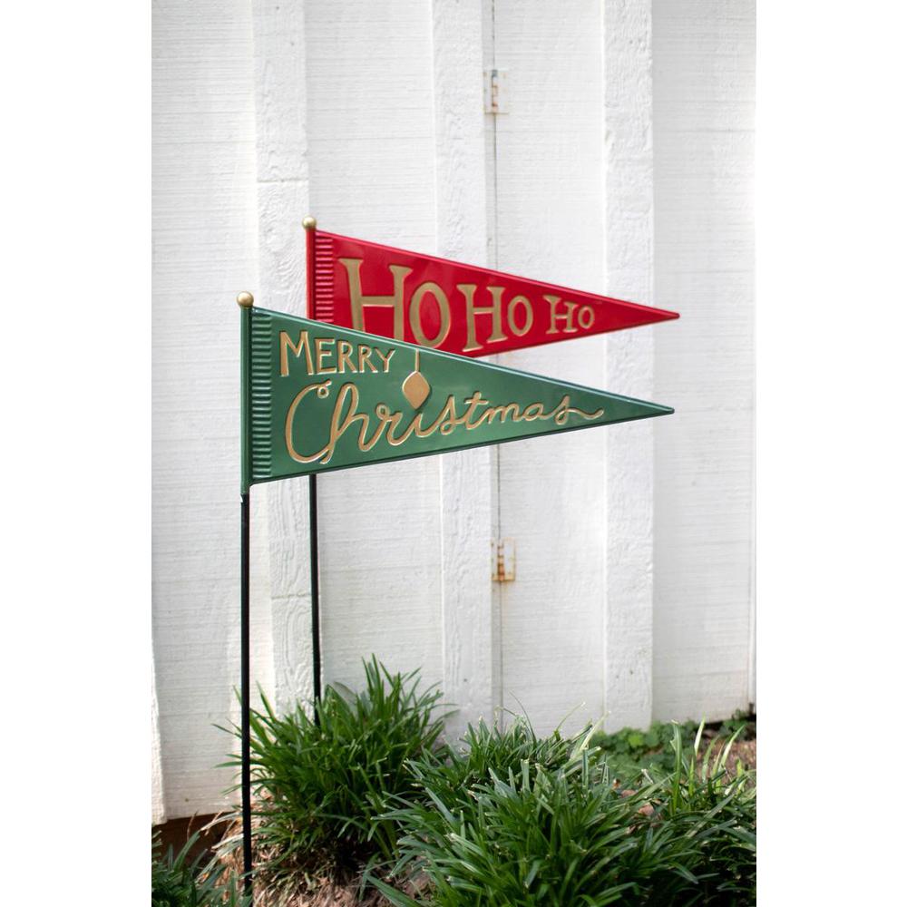 Set 2 Painted Metal Christmas Pennants Yrd Stakes- One Each. Picture 1