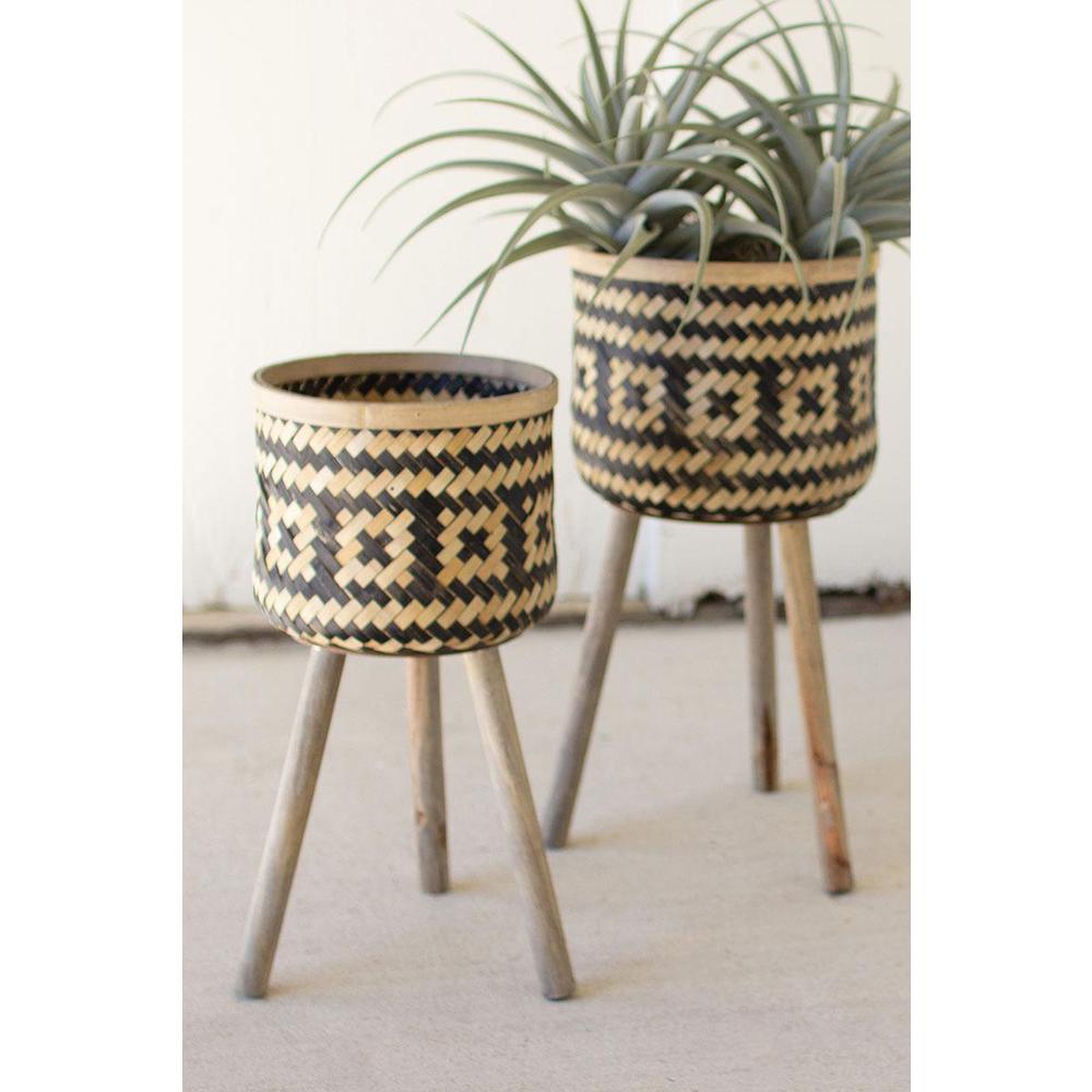 Set Of Two Woven Blk & Nat Bamboo Plant Stands W Wood Legs. Picture 1