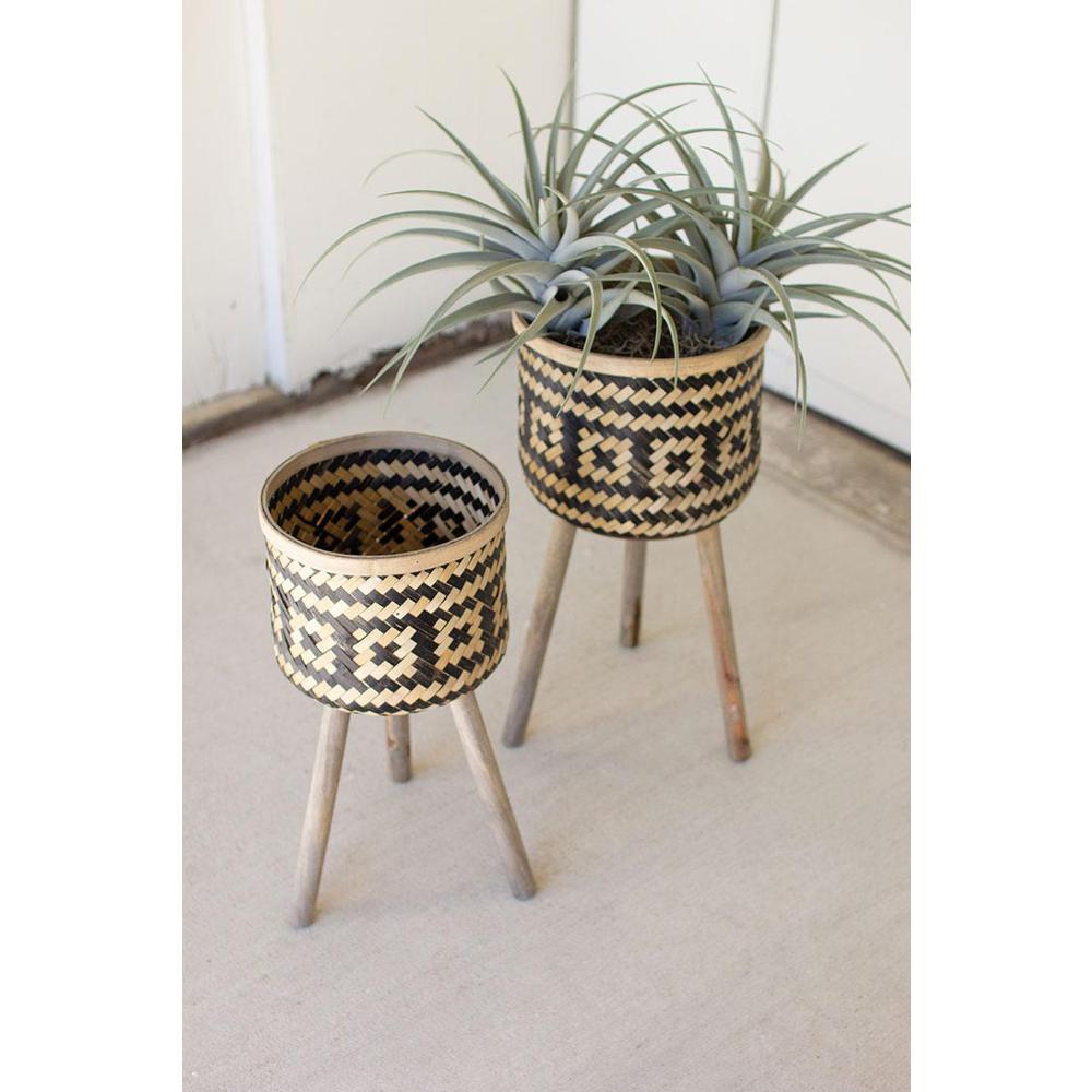 Set Of Two Woven Blk & Nat Bamboo Plant Stands W Wood Legs. Picture 4