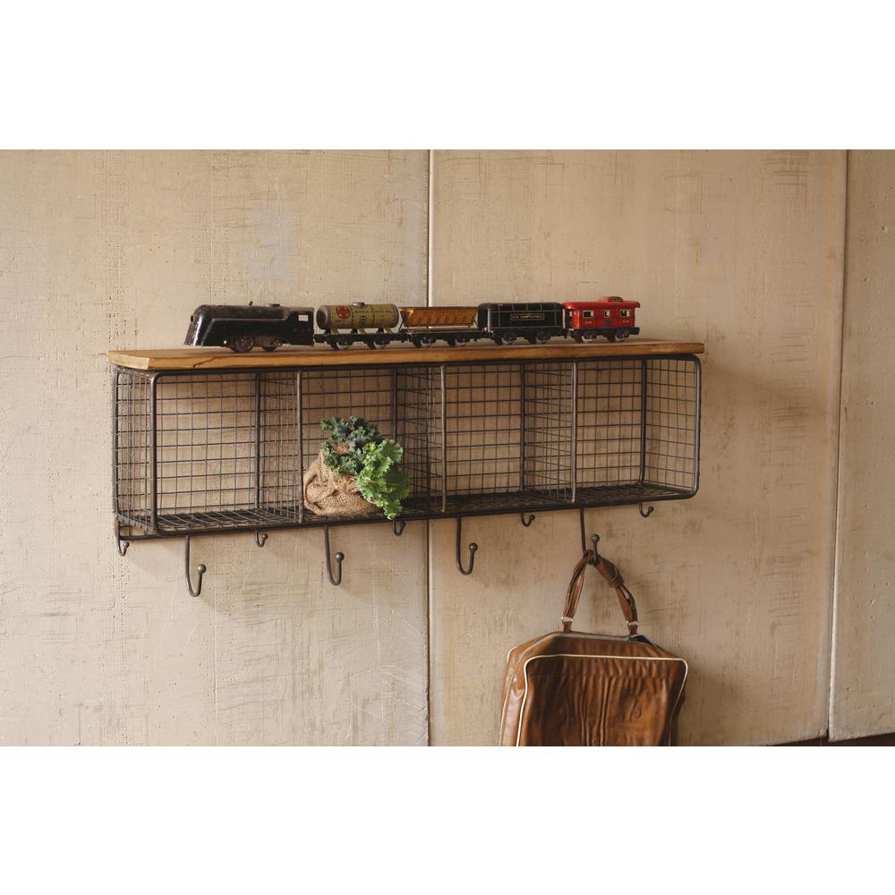 Large Wire Mesh Four Horizontal Cubbies With Wooden Top. Picture 1