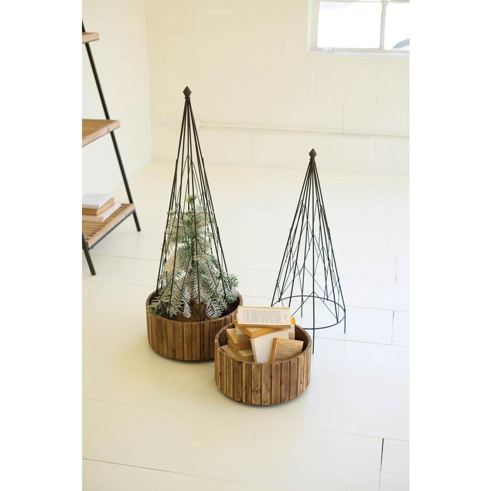 Set Of Two Metal Topiaries With Recycled Wood Bases. Picture 5