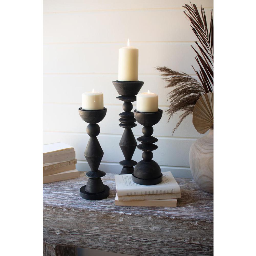 Set Of Three Turned Wood Candle Holders - Black. Picture 4