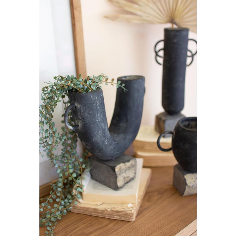 Set Of Three Black Modern Clay Vases On Rock Bases. Picture 3