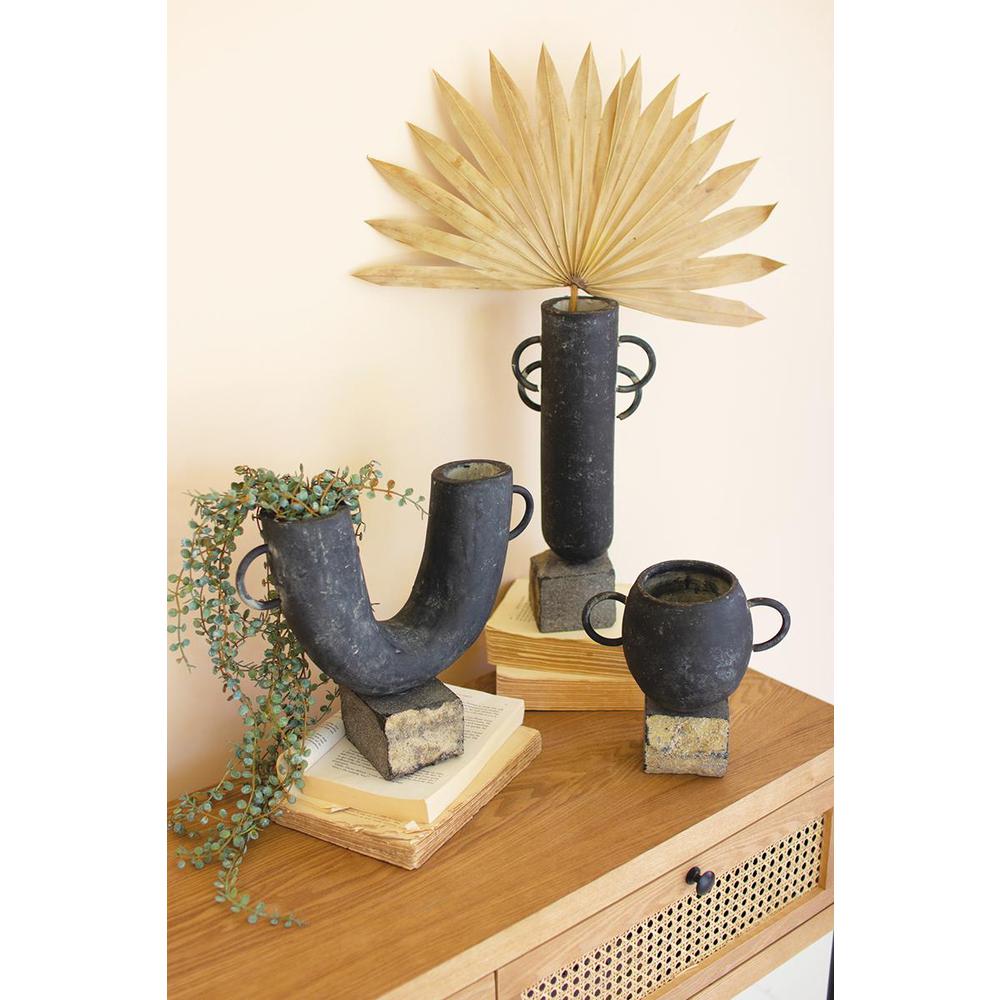 Set Of Three Black Modern Clay Vases On Rock Bases. Picture 4