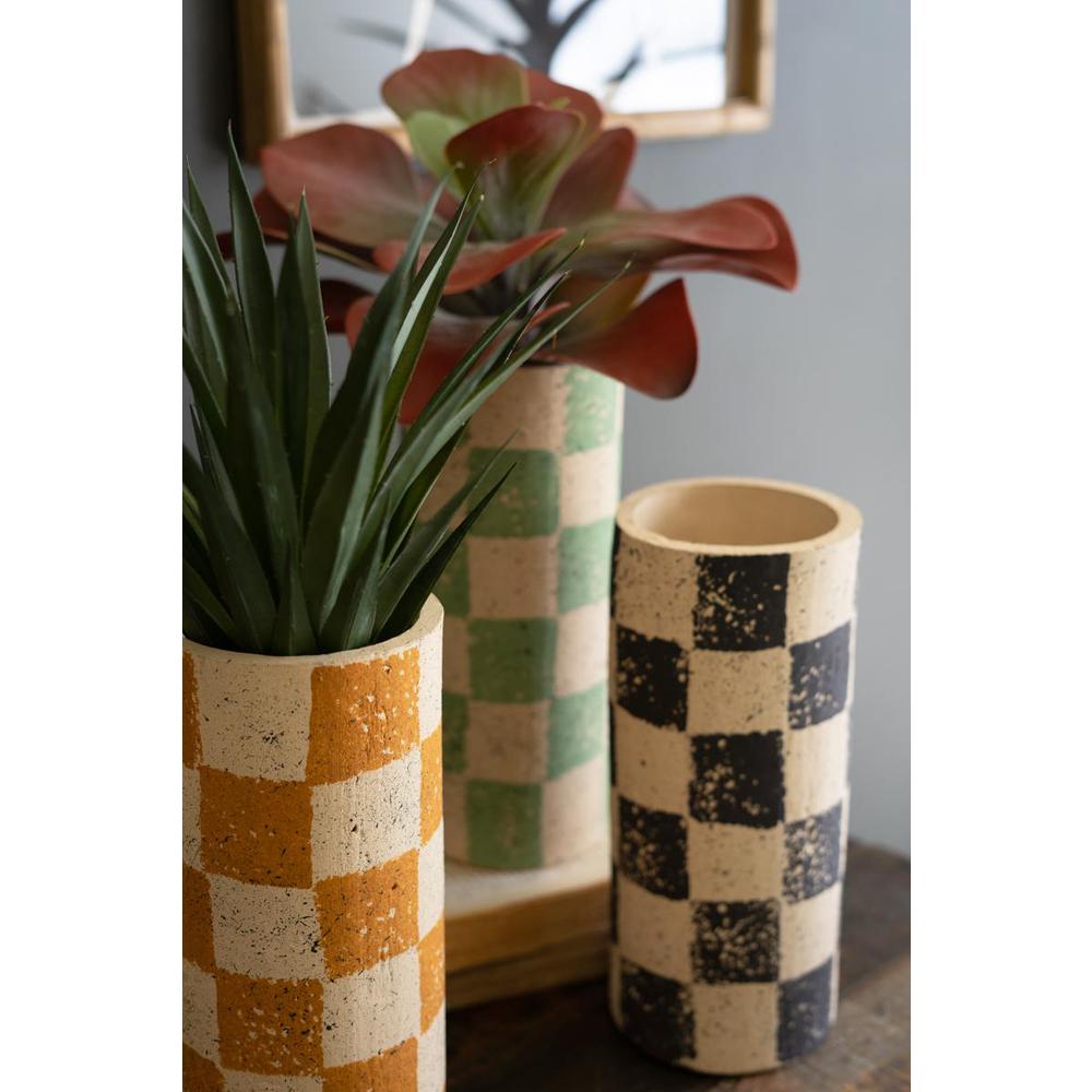 Set Of Three Checkered Clay Cylinder Vases. Picture 4