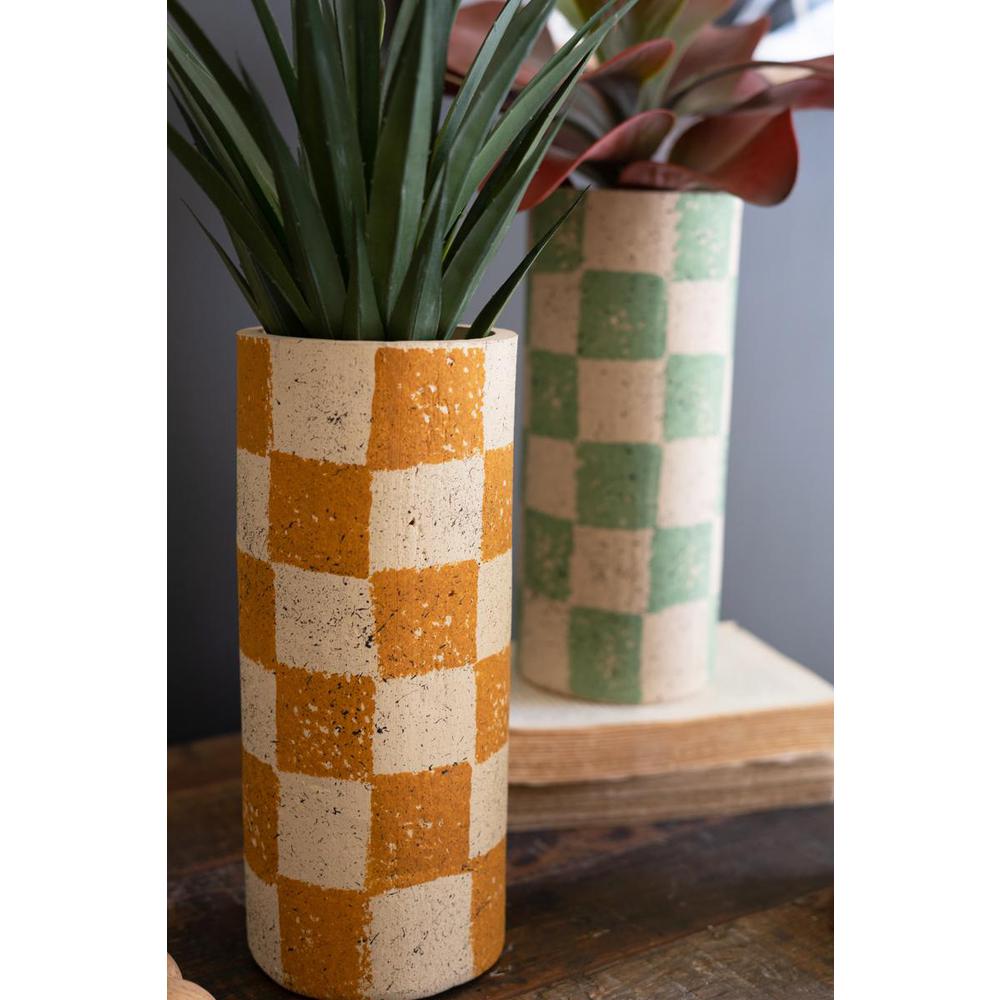 Set Of Three Checkered Clay Cylinder Vases. Picture 3