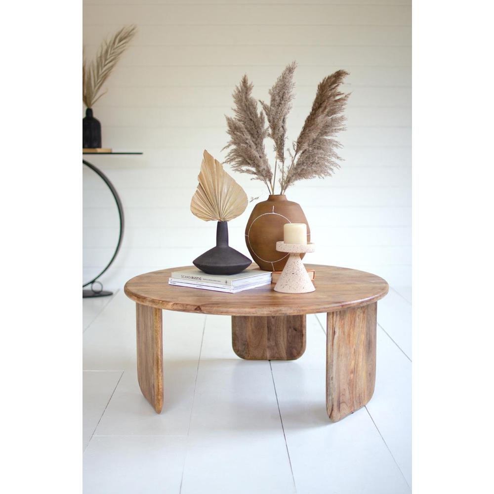 Round Mango Wood Coffee Table With Wood Base. Picture 1