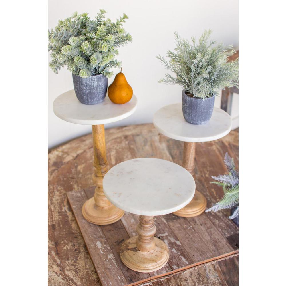 Set Of Three Wooden Display Stands With White Marble Tops. Picture 1