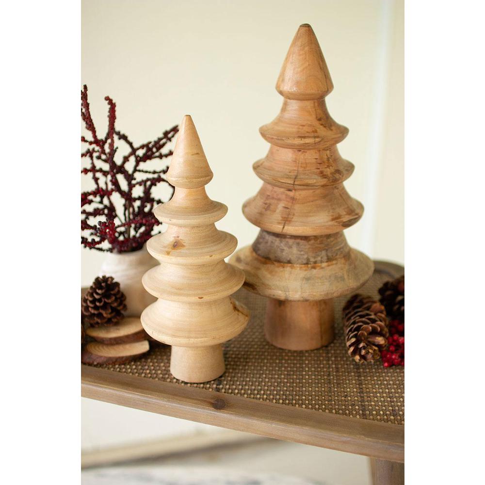 Set Of Two Turned Mango Wood Christmas Trees. Picture 3