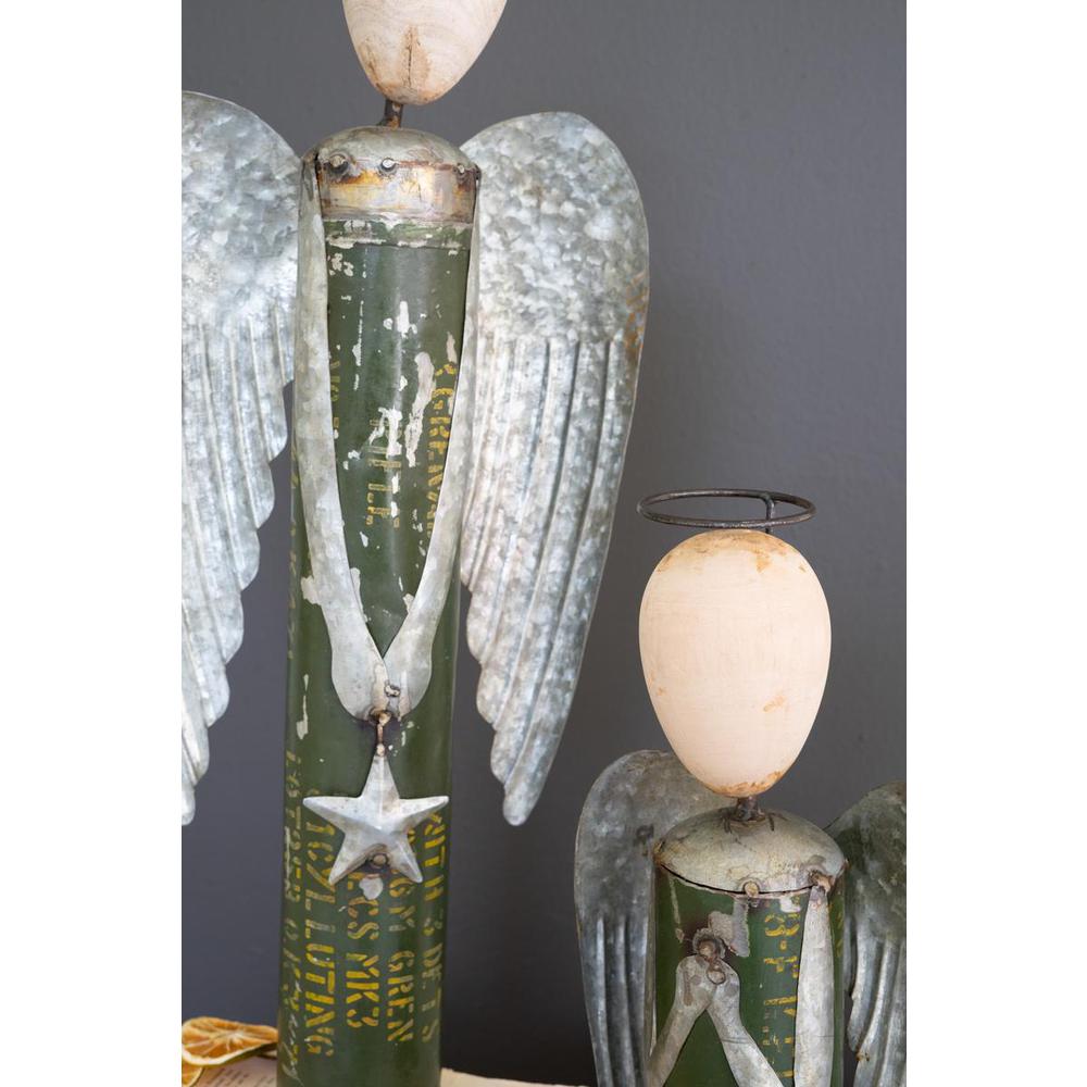 Set Of Two Recycled Metal Angels With Wooden Heads. Picture 3