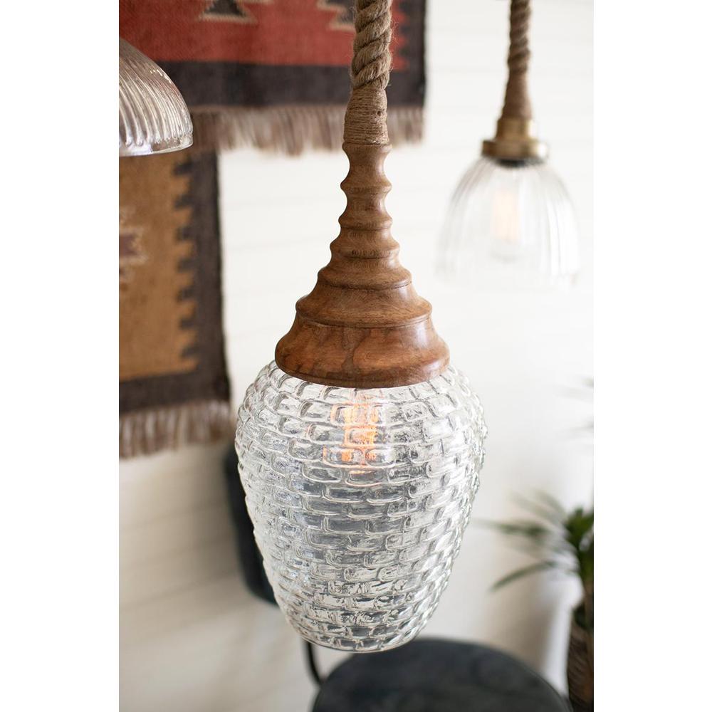 Clear Glass And Mango Wood Pendant Light With Rope. Picture 4