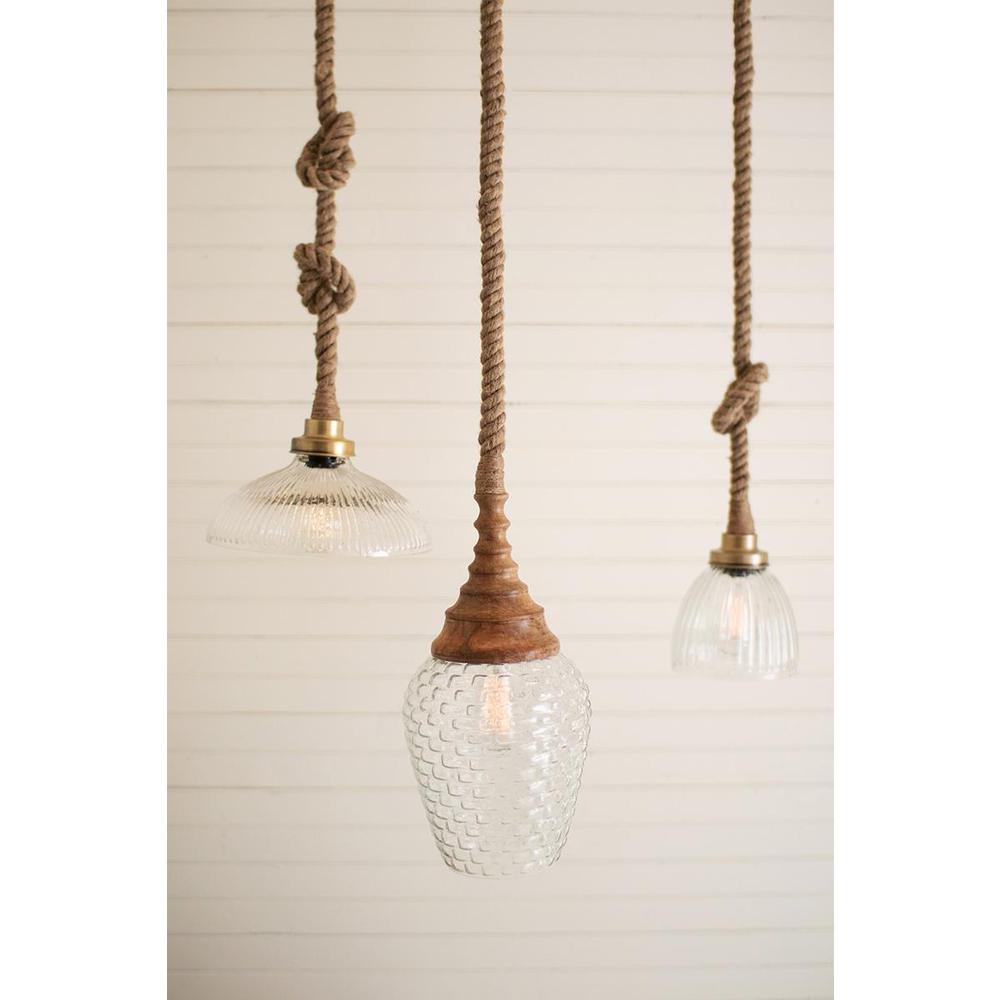 Clear Glass And Mango Wood Pendant Light With Rope. Picture 5