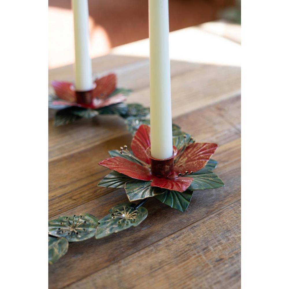 Painted Metal Poinsettia Table Wreath Candle Holder. Picture 3
