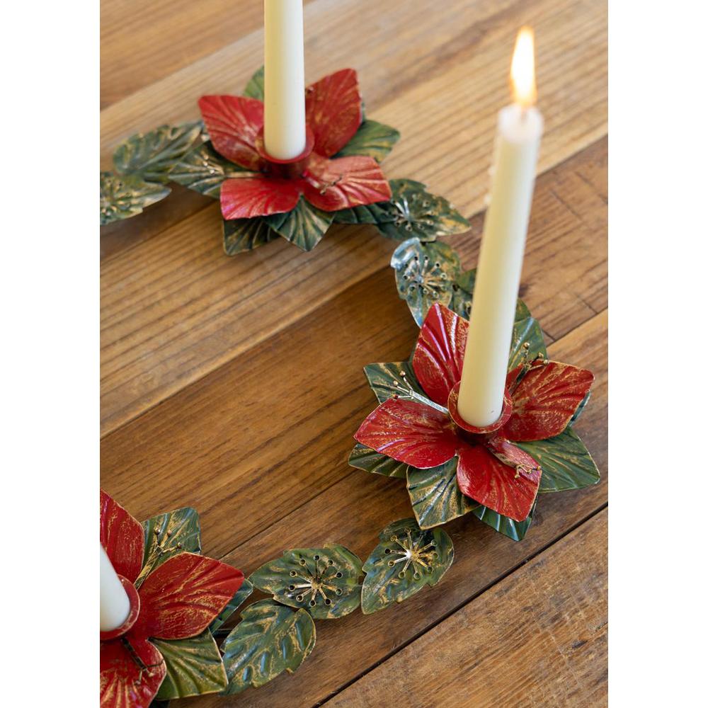 Painted Metal Poinsettia Table Wreath Candle Holder. Picture 4