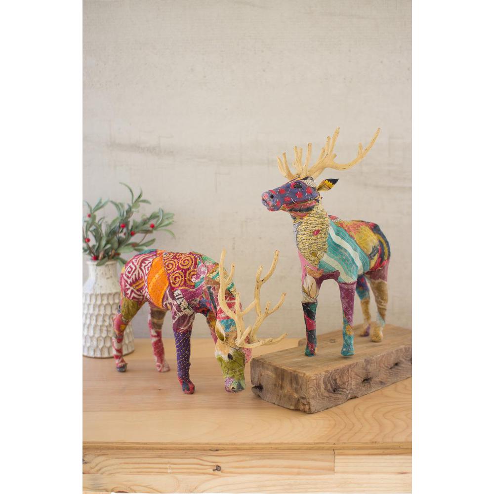 Set Of Two Kantha Covered Table Top Reindeer. Picture 1
