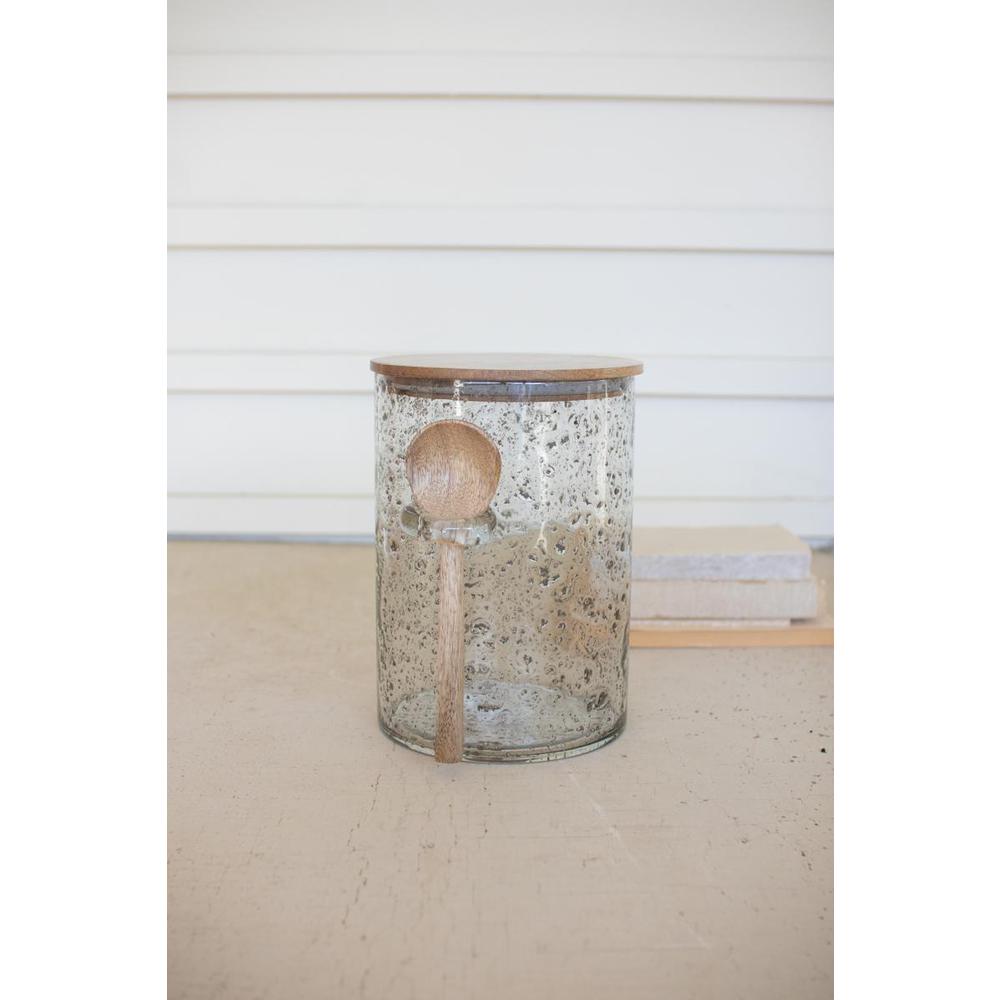 Glass Canister With Wood Top And Spoon - 10" Tall. Picture 1